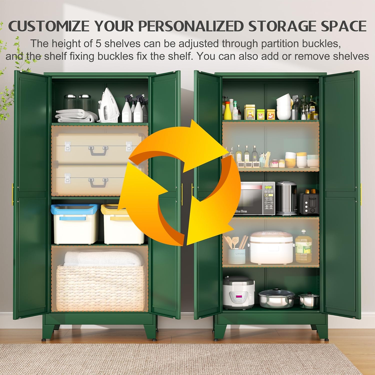 75.2" Tall Kitchen Food Pantry, Pantry Cabinet with 2 Door and 5 Adjustable Shelves, Green Laundry Room Cabinets, Freestanding Pantry for Kitchen, Study Room, Dining Room and Entryway - Décor Diaries