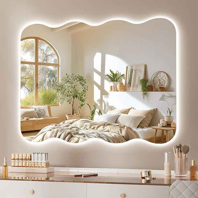Hasipu Wavy Full Length Mirror with Lights - 28"×20" LED Wavy Floor Mirror, Frameless, Dimmable, Standing or Vertical/Horizontal Wall-Mounted Mirror for Bedroom, Living Room, Cloakroom
