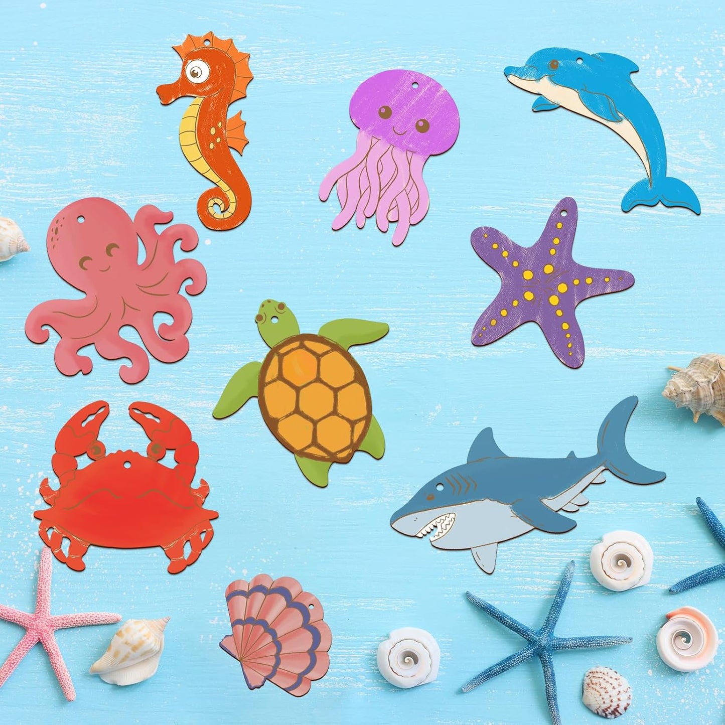80PCS Wooden Sea Ornaments to Paint, 10 Styles DIY Blank Unfinished Wood Ocean Whale Seahorse Octopus Starfish Dolphin Turtle Shark Crab Cutouts Ornament for Crafts Hanging Decorations Summer