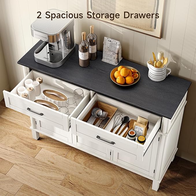 48 Inches Sideboard Buffet Cabinet with Storage, Farmhouse Sideboard Buffet w/2 Drawers and 3 Doors, Kitchen Cabinet with Adjustable Shelf, Wood Console Table for Living Room, Hallway, Off White&Black