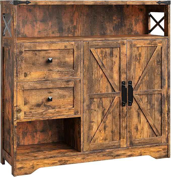 Vabches Farmhouse Buffet Sideboard Cabinet with Drawers and Open Shelf, 38.5" Storage Cabinet with Adjustable Shelves and Door, Modern Coffee Bar Hutch Pantry for Kitchen, Living Room, Entryway, Brown