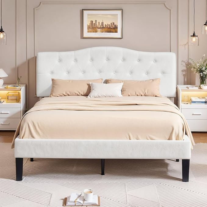 VECELO Queen Size Bed Frame with Upholstered Headboard, Velvet Platform Bedframe Mattress Foundation, Sturdy Wooden Slats Support,No Box Spring Needed Noise Free/Easy Assembly, White