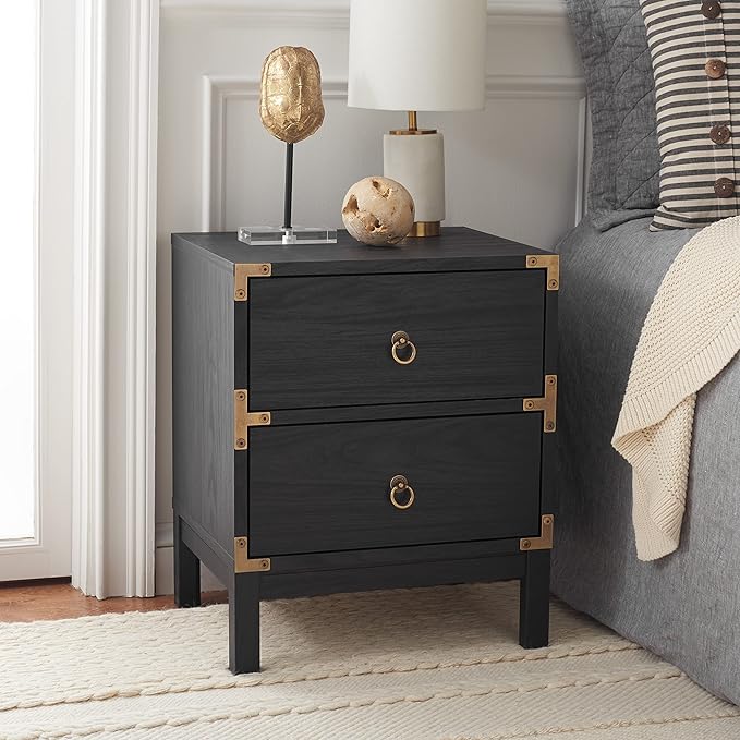 SAFAVIEH Home Collection – Galio Black & Gold 2-Drawer Nightstand, Vintage-Inspired Bedside Table with Storage for Bedroom (NST9600B)