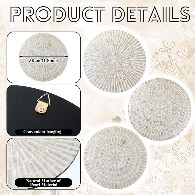 Tioncy 3 Pcs 11.8 Inches Mother of Pearl Shell Plate Coastal Wall Art Mosaic Wall Sculpture Shell Handmade Hanging Plates Arts for Halloween Christmas Bedroom Bathroom Home Office Hotel(White)