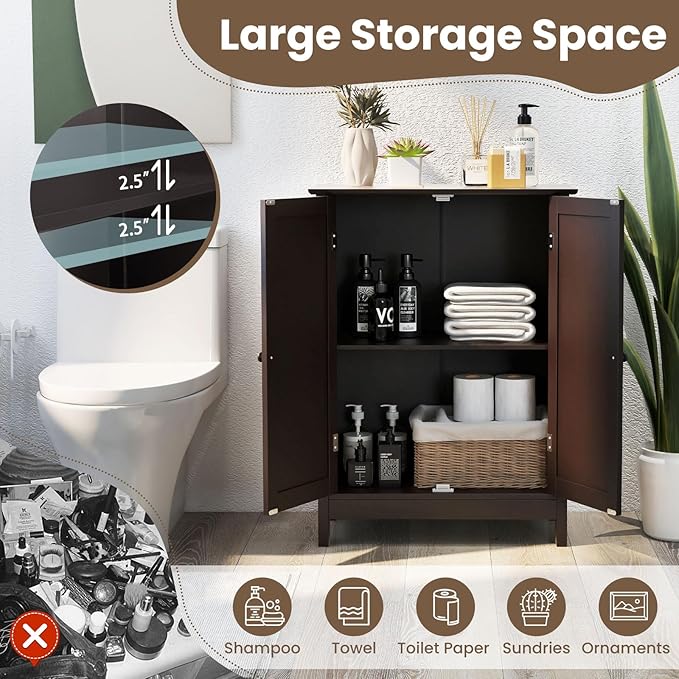 COSTWAY Bathroom Storage Cabinet, Freestanding Bathroom Organizers and Storage with Doors & Adjustable Shelf, Wooden Floor Cabinet for Home, Living Room, Entryway, Kitchen (Brown)