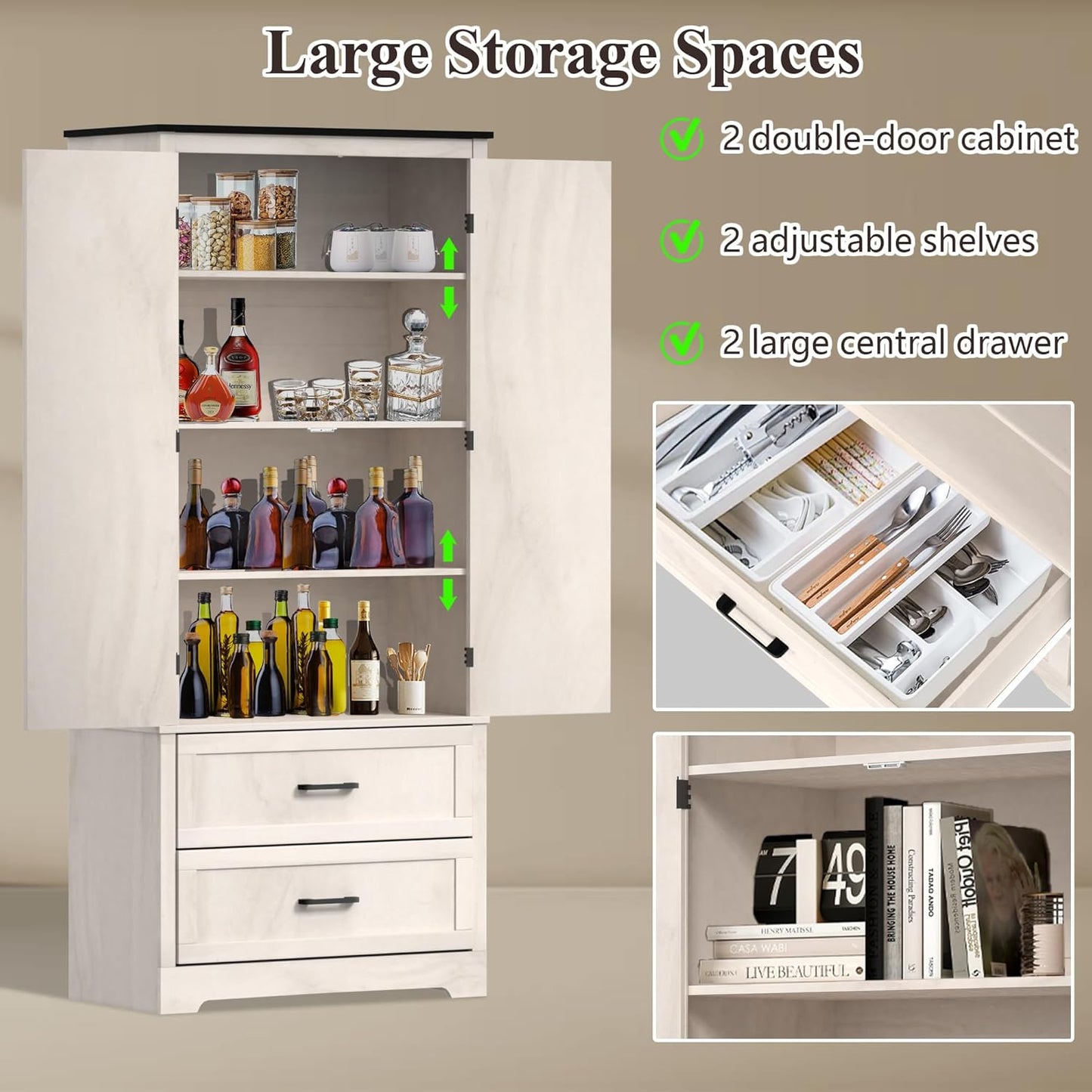 71" Kitchen Pantry Storage Cabinet, Barn Doors Tall Storage Pantry Cabinet with Drawers & Adjustable Shelf, Modern Farmhouse Cupboard Wood Pantry for Kitchen, Living Room, Dining Room, Oak Beige - Décor Diaries