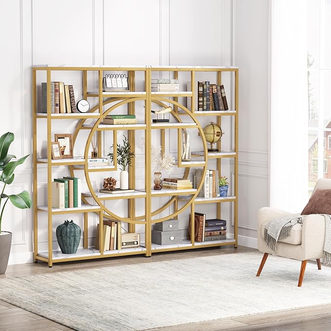 Tribesigns Bookshelf Industrial 5 Tier Etagere Bookcase, Freestanding Tall Bookshelves Display Shelf Storage Organizer with 9-Open Storage Shelf for Living Room, Bedroom, 2 Pack (Gold, 2 Pack)