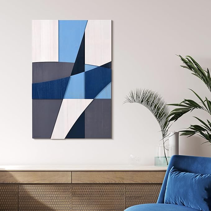 Empire Art Direct "Whispers of Blues I" Hand Made & Hand Finished Solid Wood Abstracts, Ready to Hang, Living Room, Bedroom & Office, 36" x 24"x 1.42"