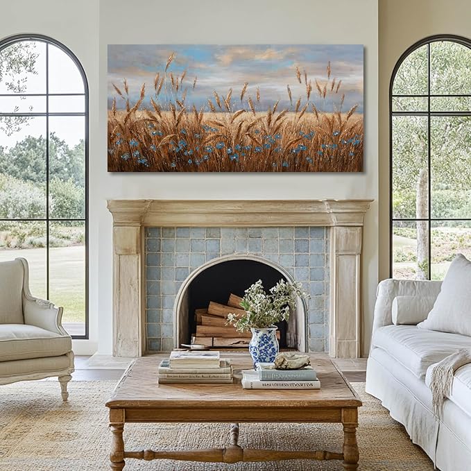 GAIDUOMAI Blue and Gold Pictures Rustic Wall Art Wheat Room Decor Floral Art Posters for Dining Room Big Painting for Living Room Kitchen 29x58 Inch