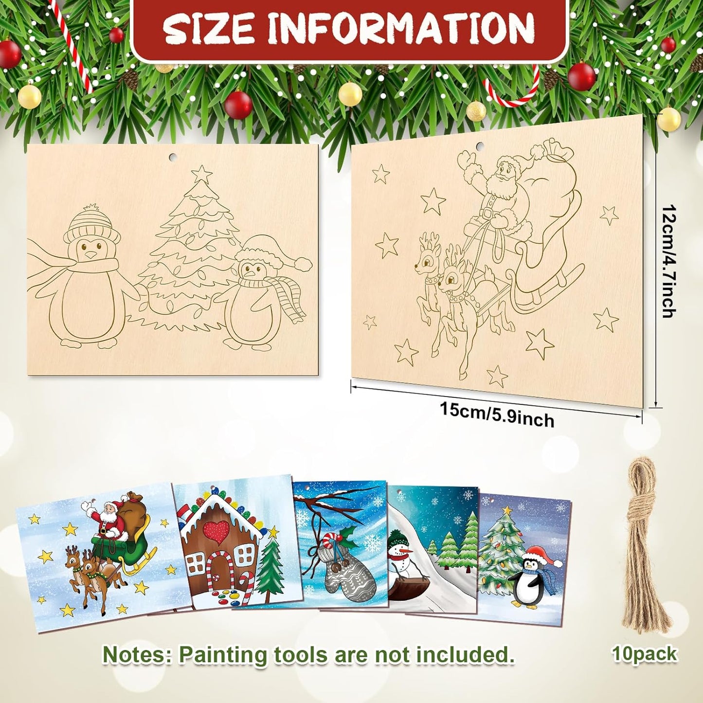 COCHIE 10 Pieces Large Christmas Unfinished Wood Crafts to Paint for Adults and Kids, Bulk Winter Predrilled Wooden Ornaments for Painting, Peppermint Candy House Paintable Wood Slices Craft Supplies