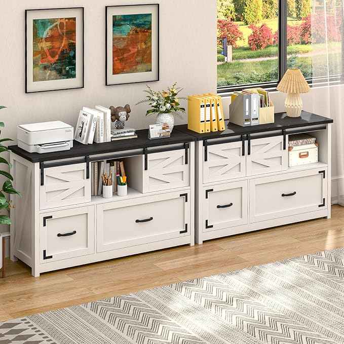 Lateral File Cabinets 2 Drawer with Sliding Barn Doors, Farmhouse Filing Cabinet with 2 drawer for Home Office，Filing Organization Storage Cabinets for Hanging Files Letter/Legal/F4/A4.(Black.)