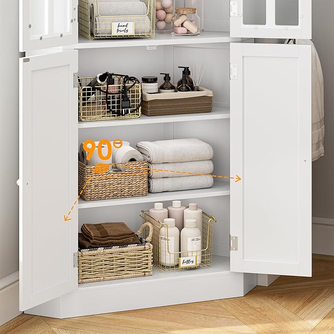 67" Corner Cabinet, Corner Kitchen Pantry with Doors, Farmhouse Kitchen Cabinet with 6 Storage Shelves, Space Saver for Bathroom, Living Dining Room, White