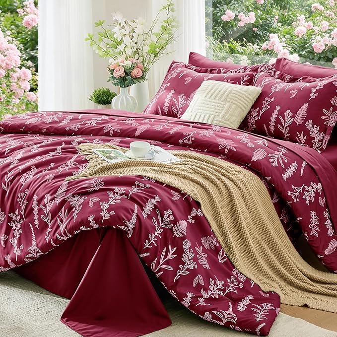 MUXHOMO Burgundy Full Comforter Set, Elegant Floral Print Bed in a Bag 7 Pieces, Ultra Soft & Breathable Reversible Botanical Pattern Bedding Set with Comforter, Sheets, Pillowcases, and Shams