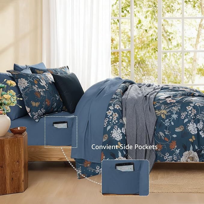 CASAAGUSTO King Size Comforter Set - 7 Pieces Blue Floral Bedding Sets, King Bed in a Bag with Botanical Butterfly Comforter, Sheets, Pillowcases & Shams for All Seasons