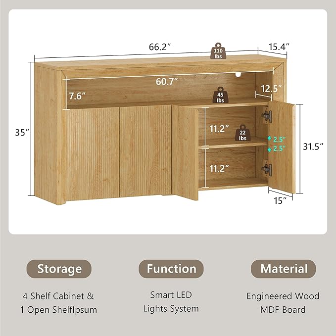 Feonase Buffet Cabinet with Storage & Led Lights, 66.2" Modern Sideboard Cabinet with 4 Doors & Shelves, Fluted Media Console Mid Century, Coffee Bar Table for Dining Room, Living Room, Kitchen, Oak