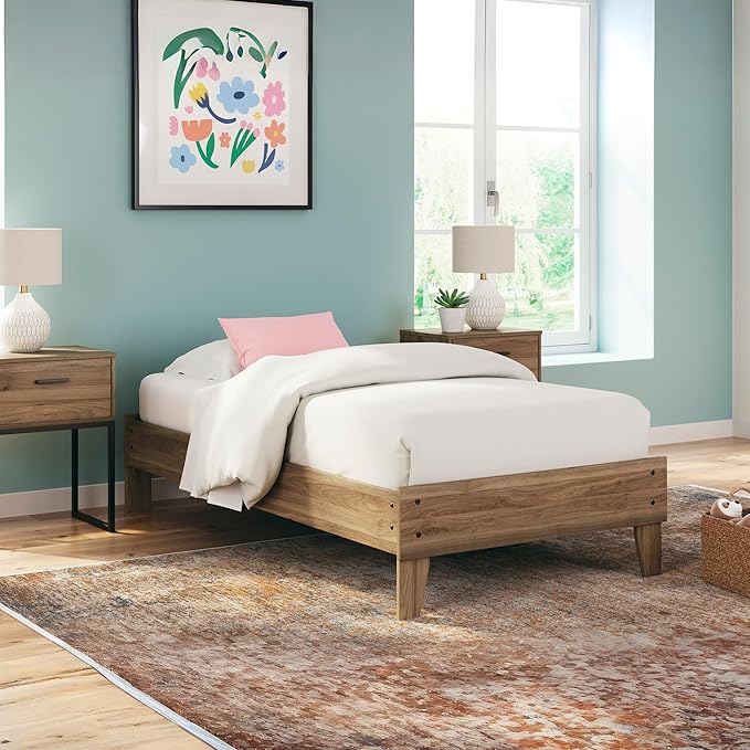 Signature Design by Ashley Deanlow Mid-Century Modern Twin Platform Bed with Metal Slats, Wood, Foundation or Box Spring Not Needed, Honey Brown (Headboard Not Included)
