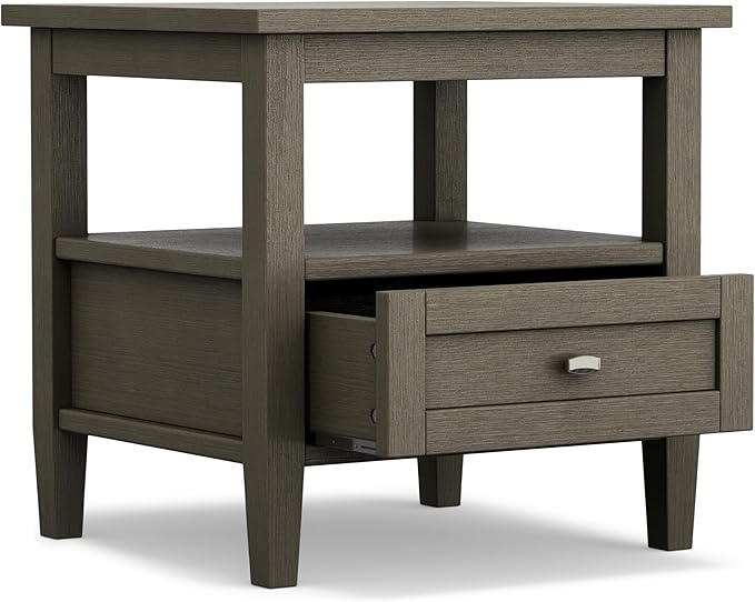 SIMPLIHOME Warm Shaker End Table - 20 inch Wide Solid Wood Side Table in Farmhouse Grey, Transitional Accent Table for Living Room or Bedroom with Drawer, Open Shelf and Square Tapered Legs