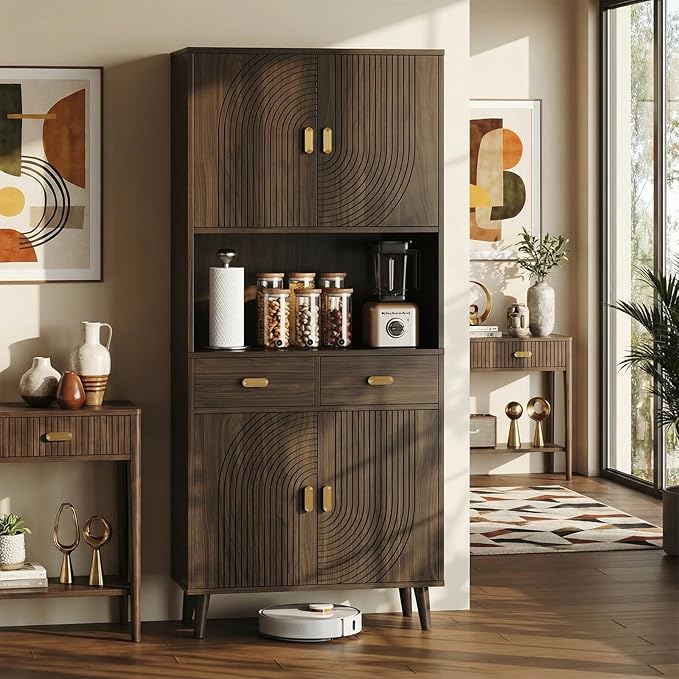 LIKIMIO 71.6" Tall Walnut Mid-Century Hutch Cabinet with Storage- 3 Adjustable Shelves, 2 Drawers, Multi-Room Pantry