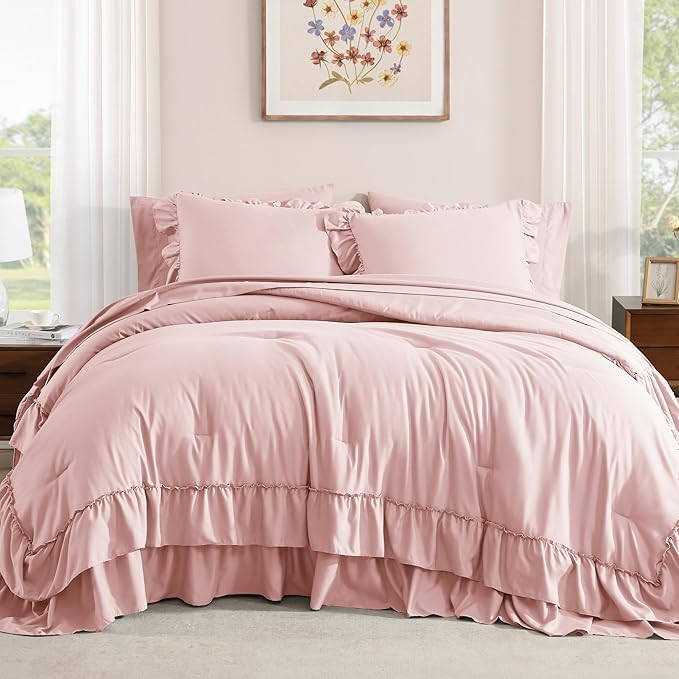 Full Comforter Set Soft Pink, Ruffle Shabby Chic Bedding Set Farmhouse 7 Pieces, All Season Fluffy Bed in a Bag with Sheets, Pillowcases & Shams