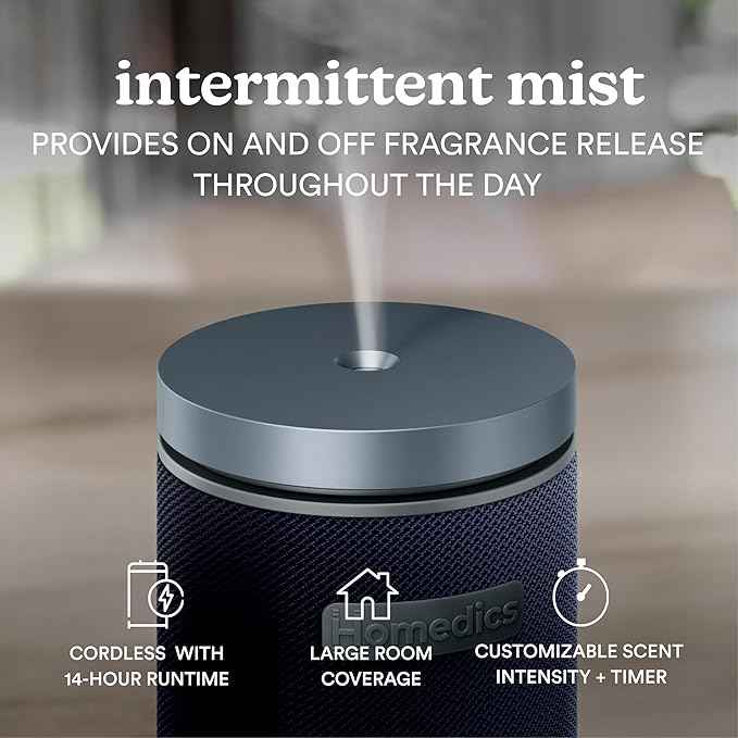 Homedics SereneScent Waterless Essential Oil Diffuser, Cordless Rechargeable Aromatherapy Diffuser for Home, Large Room Scent Machine, Timer, App Control, 6 LED Lights, No Water Needed, Future Dusk
