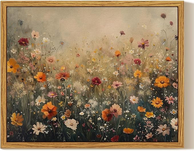 InSimSea Framed Canvas Wall Art, Vintage Flower Wildflower Prints Wall Decor for Living Room, Small Retro Landscape Painting Farmhouse Decorations for Bedroom Bathroom Shelf Gift, 8x10inch