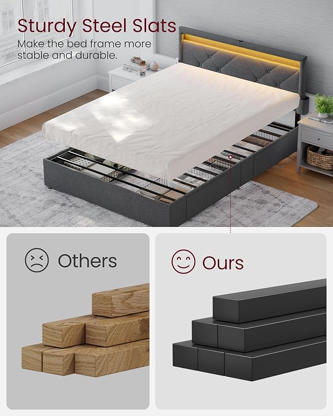 VASAGLE LED Bed Frame Queen Size, Queen Bed with Headboard and 4 Drawers, 1 USB Port and 1 Type C Port, Adjustable Upholstered Headboard 36.7/39.3 Inches, No Box Spring Needed, Dark Gray URMB821G71