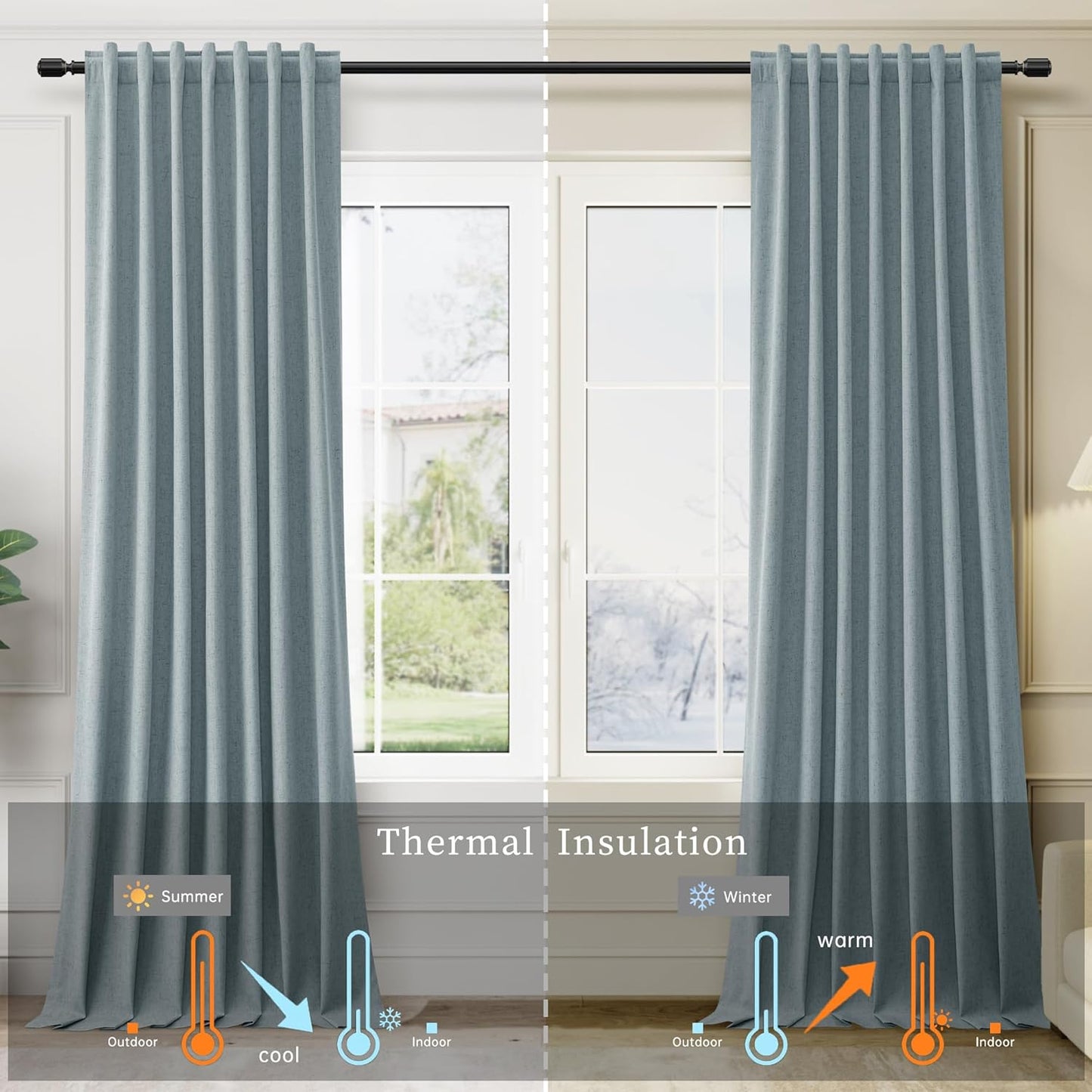 BOODII Linen Blackout Curtains for Bedroom 72 Inch Length 2 Panels Set Room Darkening Curtains Stone Blue Black Out Curtain Neutral Thermal Insulated Living Room Nursery Drapes Back Tab 52x72