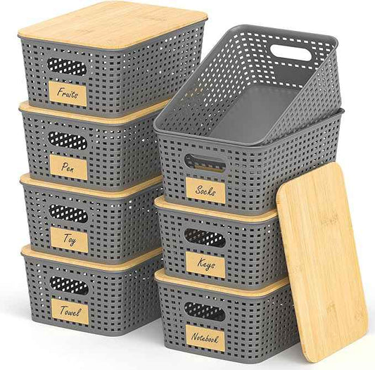 Stackable Storage Basket: Plastic Baskets Bins, Baskets for Organizing, Pantry Decorative Containers for Closets, Cabinets, Shelves(8 Pack, Grey)