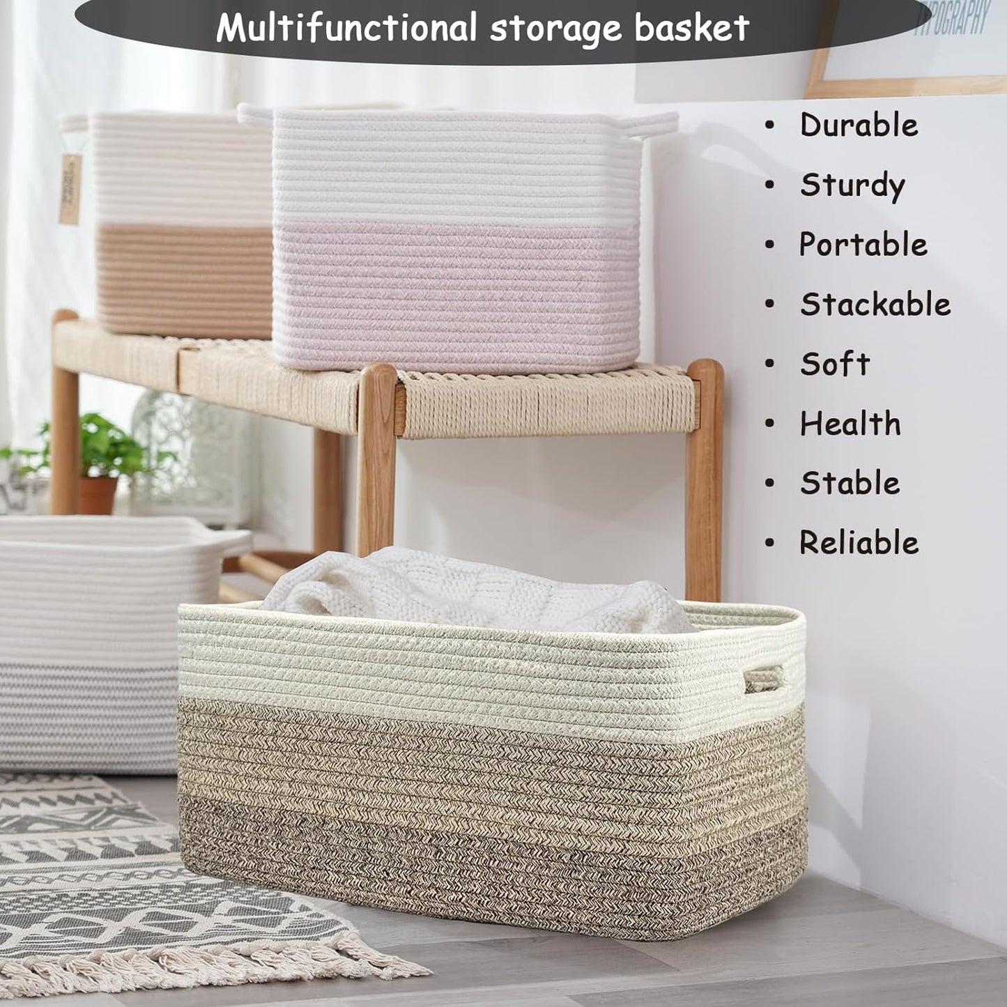 COMFY-HOMI Cotton Rope Woven Basket with Handles for Shelves,Toys,Book, Cloth Storage Baskets for Organizing-17" x 13" x 7.5" Toy Decorative Organizer for Living Room, Bathroom （white/3 brown）