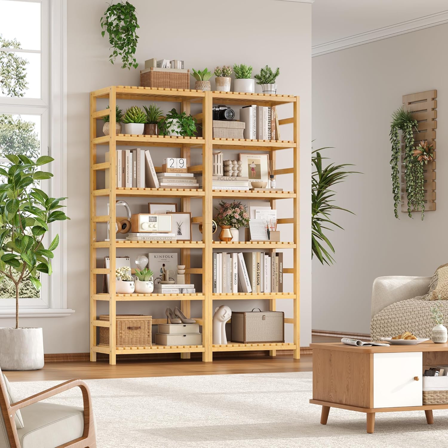 FOTOSOK 6-Tier Bamboo Shelf, Bamboo Bookcase with Adjustable Shelves, Free Standing Storage Shelf Unit, Plant Flower Stand for Kitchen, Bathroom, Home Office, Natural - Décor Diaries