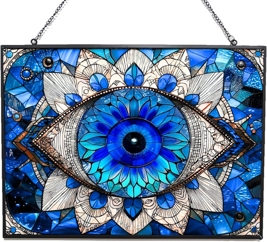 Rectangle Evil Eye Suncatcher Indoor/Outdoor Stained Glass Window Hanging Handmade Suncatchers Home Decor Garden Christmas Party Wedding Housewarming Gifts
