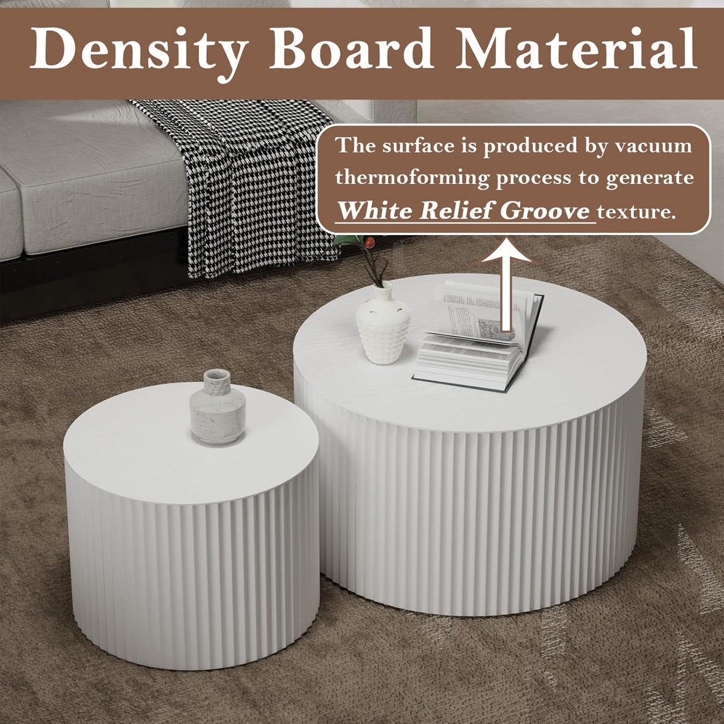 Round Nesting Coffee Table White Round Fluted Coffee Table Set of 2 for Living Room Small Circle Drum Nested Coffee Tables (White B 27in)