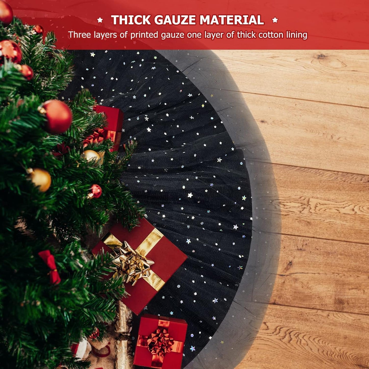 Christmas Wedding Tree Skirt,45 inch 4-Layer Fluffy Romantic Pleated Sparkly Halloween Skirt Decoration Xmas Tree Ornament for Holiday and Party(Black)