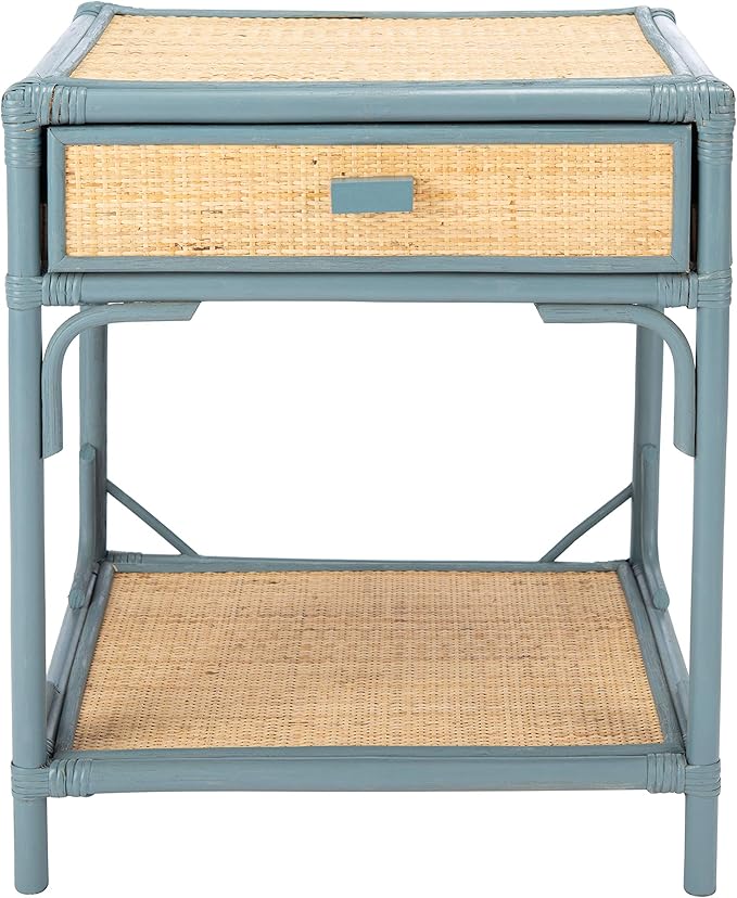 SAFAVIEH Home Collection – Roya Blue Grey & Natural Nightstand with Drawer & Shelf, Coastal Accent Table, Bamboo-Style Frame & Rattan Drawer (NST4005B)