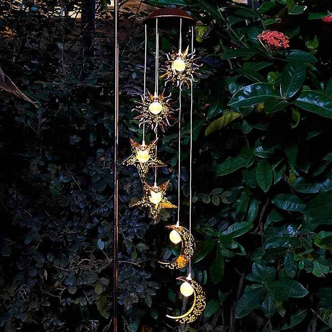Tryme Solar Wind Chimes for Outside with Sun Moon Star Solar Hanging Lights Windchimes Outdoors Garden Decor Gifts for Mother, Grandma, Sister