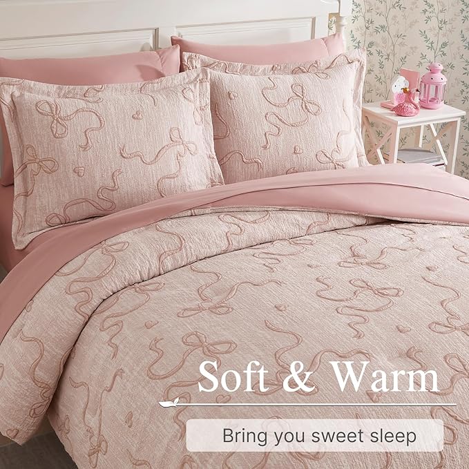 Geniospin Pink Full Comforter Set for Girls- 7 Pieces Bowknot Jacquard Bed in A Bag Full Bedding Sets with Sheets, Pillowcases & Shams, All Season Kids Comforter Set