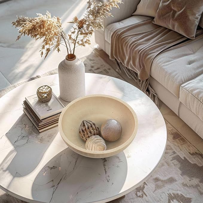 Large Decorative Bowl, Fruit Bowl for Kitchen Counter, Modern Resin Bowl for Home Decor, Key Holder for Entry Table, Artificial Travertine Beige
