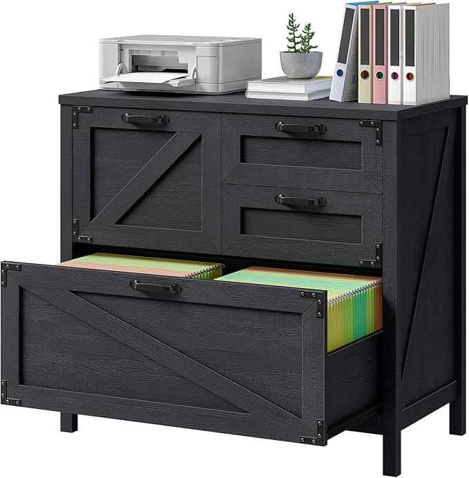 Vabches Wood Lateral File Cabinet with 4-Drawer for Hanging Files Letter/A4/Legal Size, Large Farmhouse Filing Cabinets for Home Office, Printer Stand with Office Cabinet, Office Furniture, Black
