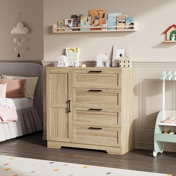 GarveeHome Wood Armoire Wardrobe Closet with 4 Drawers and Door, 43.3 in H Bedroom Wardrobe Cabinet with Hanging Rod, Clothing Storage Cabinets, 4 Drawers Dresser with Storage Closet, Natural Oak