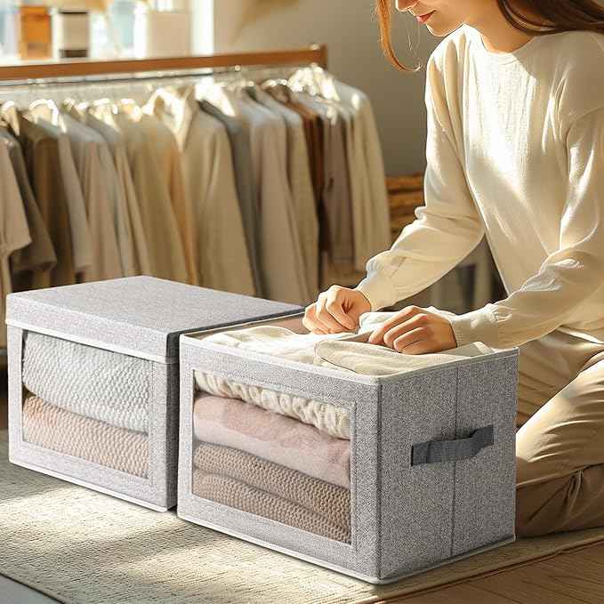 Storage Box with Lids - Foldable Clear Window Storage Bins, Large Decorative Storage Bins with Handles, Storage Containers for Clothes, Towel