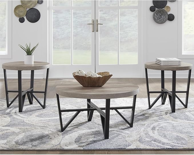 Signature Design by Ashley Deanlee Contemporary Table Set with Metal Frame, Set of 3, Light Brown & Black