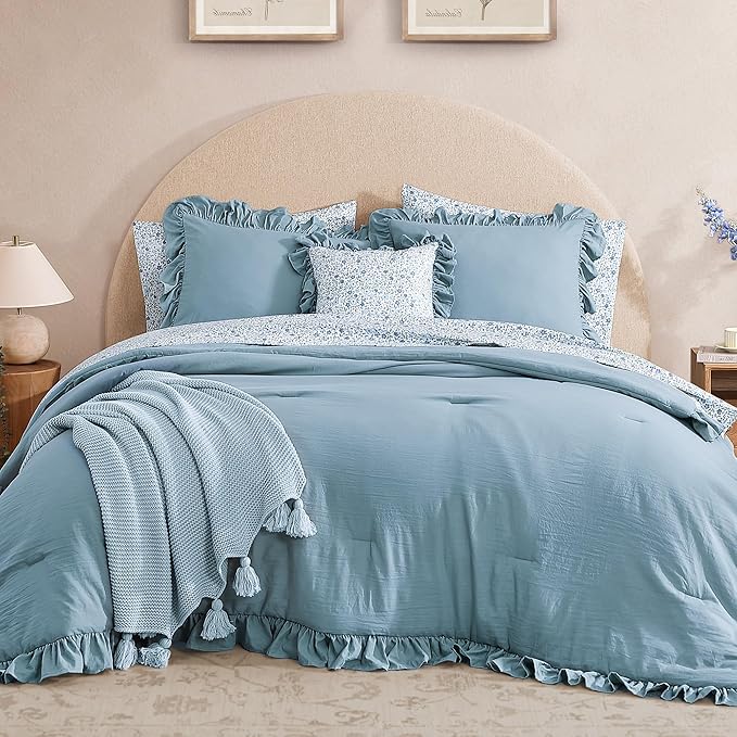 Oversized King Comforter Set - 7 Pieces Ruffle Blue Bedding Sets, Shabby Chic Farmhouse Bed in a Bag with Ruffle Comforter, Floral Sheets, Pillowcases & Shams