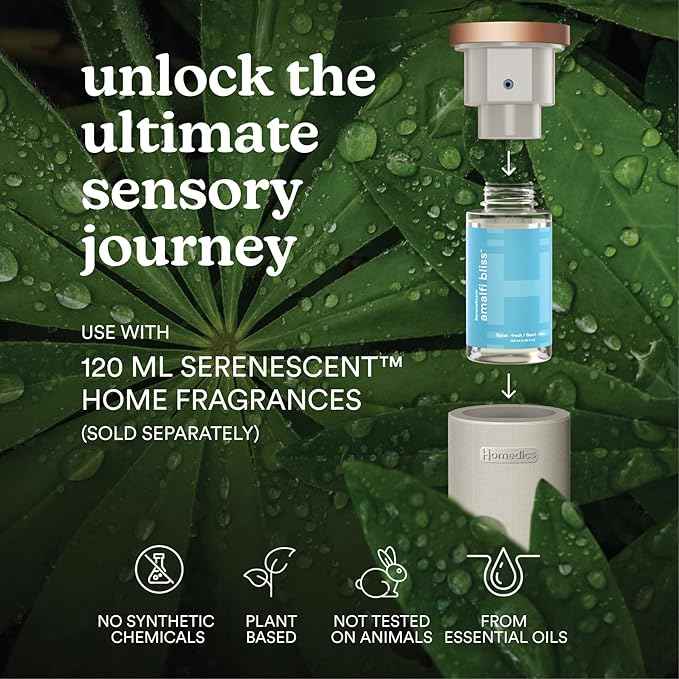 Homedics SereneScent Waterless Essential Oil Diffuser, Cordless Rechargeable Aromatherapy Diffuser for Home, Large Room Scent Machine, Timer, App Control, 6 LED Lights, No Water Needed, Grey