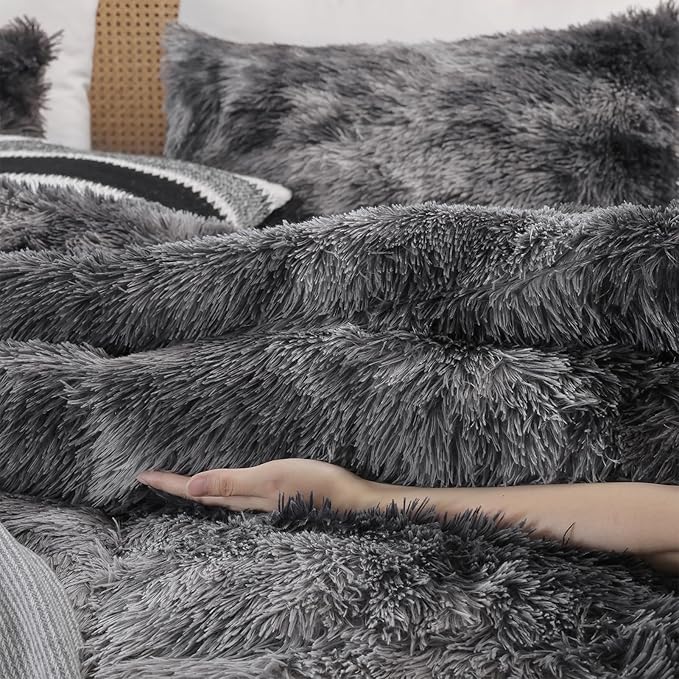 Smoofy Fluffy Twin Comforter Set, Faux Fur Comforter Set White, Luxury Fuzzy Twin Bedding Set Pink, Soft Shaggy Bed Set for All Season, 2 Pieces - 1 Comforter & 1 Pillowcase, Tie-Dye Grey