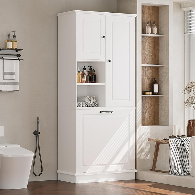 68" Tall Bathroom Storage Cabinet with Two Doors and Tilt-Out Laundry Hamper for Home Display Organizer, Adjustable Shelf, White