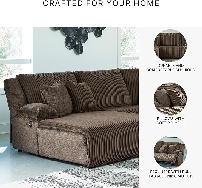 Signature Design by Ashley Top Tier Casual Manual Reclining Left-Arm Facing 3-Piece Sectional Sofa Chaise with 4 Accent Pillows, Dark Brown