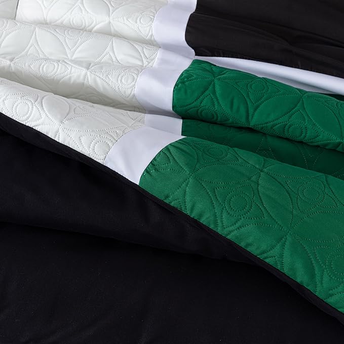 Chezmoi Collection Upland 7-Piece Quilted Patchwork Comforter Set, Green/Black/Cream White, King