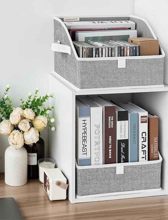 StorageWorks Closet Storage Bins, Trapezoid Organizer Box for Shelves, Fabric Clothes Bin, Foldable Organizing Baskets with Handles, Small, 3-Pack, Gray