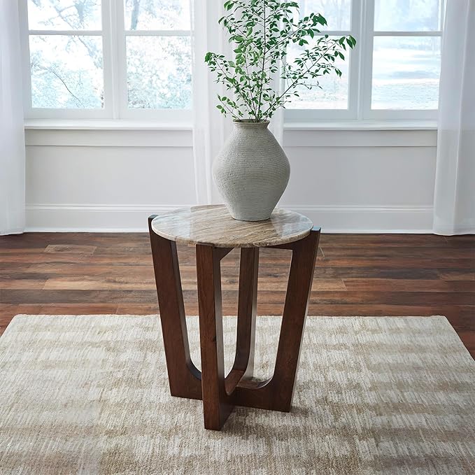 Signature Design by Ashley Tanidore Casual Marble Tabletop End Table with Cross Legs, Light Brown & Dark Brown