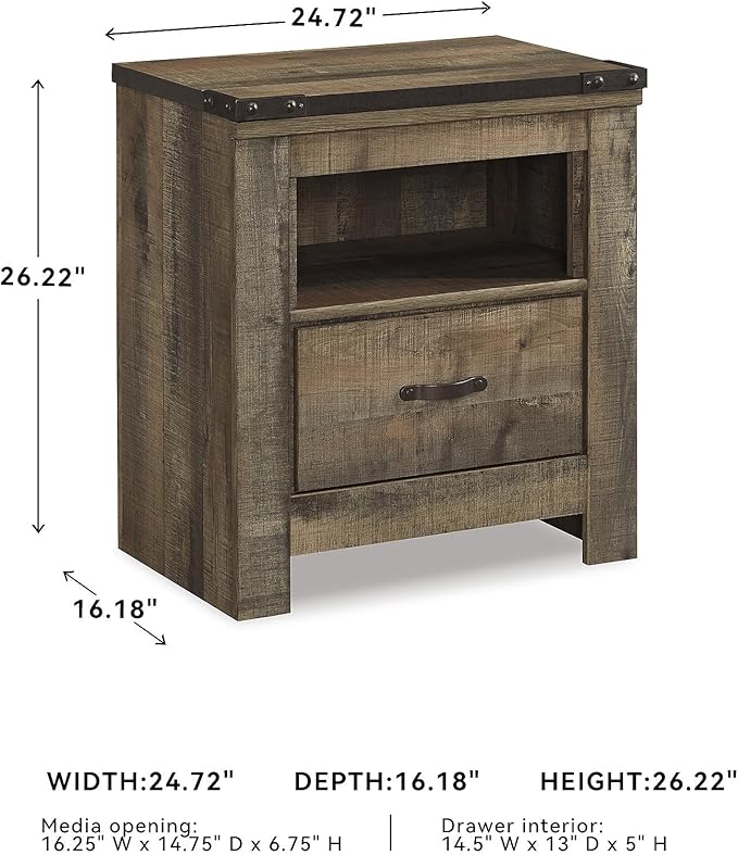 Signature Design by Ashley Trinell Rustic 1 Drawer Nightstand, USB Charing, Storage Cubby, Nailhead Accents, Wood, 24.72" W x 16.18" D x 26.22" H, Warm Brown